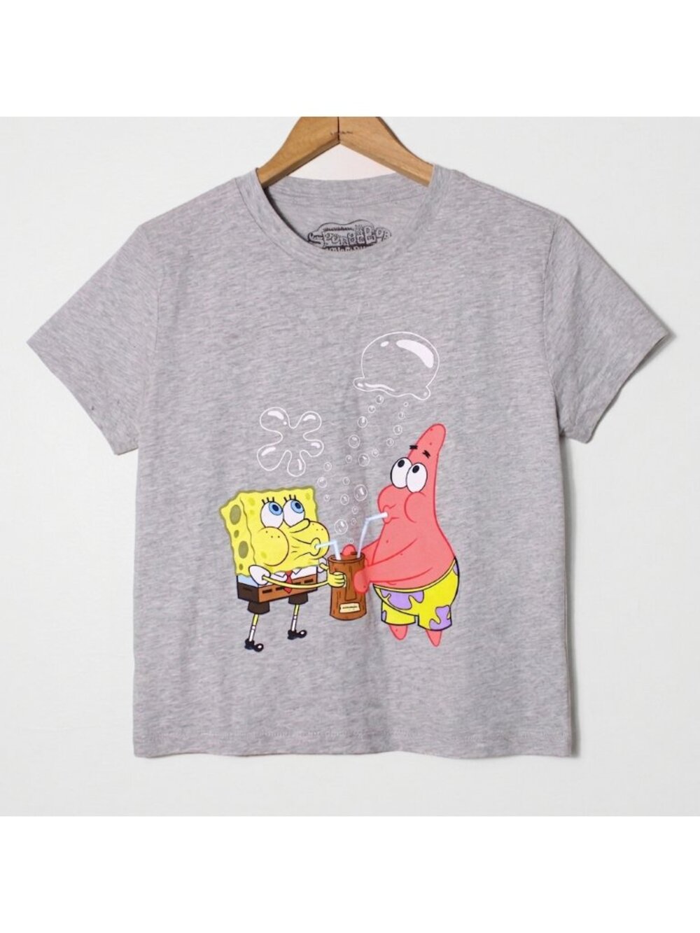Womens Spongebob Squarepants &  Patrick Bubbles Graphic Cropped Tee Gray Size M